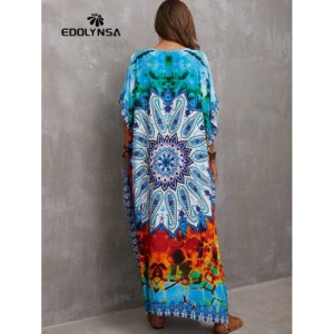 SHEIN Tie Dye Split Hem Cover-Up House V-Neck Kaftan Dress Vacation