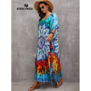 SHEIN Tie Dye Split Hem Cover-Up House V-Neck Kaftan Dress Vacation