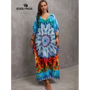 SHEIN Tie Dye Split Hem Cover-Up House V-Neck Kaftan Dress Vacation