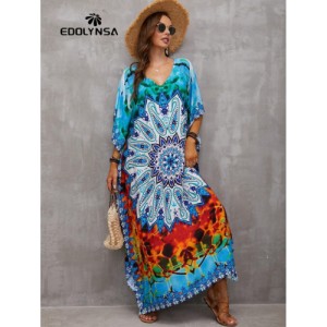 SHEIN Tie Dye Split Hem Cover-Up House V-Neck Kaftan Dress Vacation