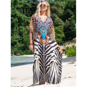 SHEIN Tie Dye Split Hem Cover-Up House V-Neck Kaftan Dress Vacation