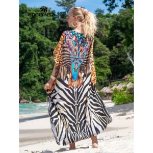 SHEIN Tie Dye Split Hem Cover-Up House V-Neck Kaftan Dress Vacation