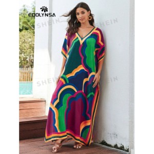 SHEIN Tie Dye Split Hem Cover-Up House V-Neck Kaftan Dress Vacation