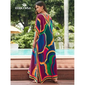 SHEIN Tie Dye Split Hem Cover-Up House V-Neck Kaftan Dress Vacation