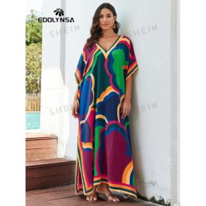 SHEIN Tie Dye Split Hem Cover-Up House V-Neck Kaftan Dress Vacation