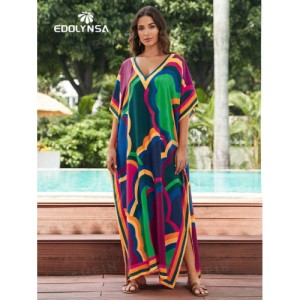 SHEIN Tie Dye Split Hem Cover-Up House V-Neck Kaftan Dress Vacation