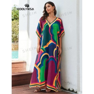 SHEIN Tie Dye Split Hem Cover-Up House V-Neck Kaftan Dress Vacation