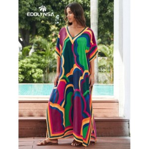 SHEIN Tie Dye Split Hem Cover-Up House V-Neck Kaftan Dress Vacation