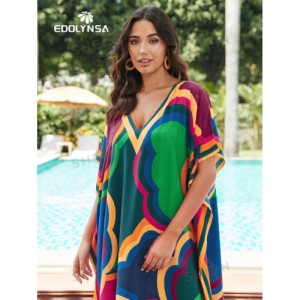 SHEIN Tie Dye Split Hem Cover-Up House V-Neck Kaftan Dress Vacation