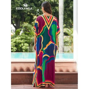 SHEIN Tie Dye Split Hem Cover-Up House V-Neck Kaftan Dress Vacation