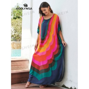 SHEIN Tie Dye Split Hem Cover-Up House V-Neck Kaftan Dress Vacation