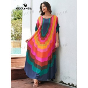 SHEIN Tie Dye Split Hem Cover-Up House V-Neck Kaftan Dress Vacation