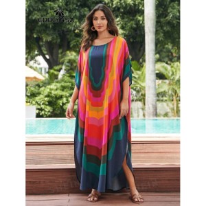 SHEIN Tie Dye Split Hem Cover-Up House V-Neck Kaftan Dress Vacation