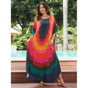 SHEIN Tie Dye Split Hem Cover-Up House V-Neck Kaftan Dress Vacation