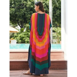 SHEIN Tie Dye Split Hem Cover-Up House V-Neck Kaftan Dress Vacation