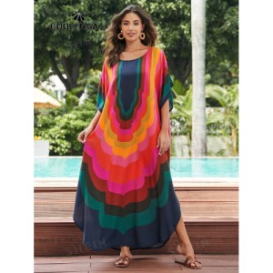 SHEIN Tie Dye Split Hem Cover-Up House V-Neck Kaftan Dress Vacation