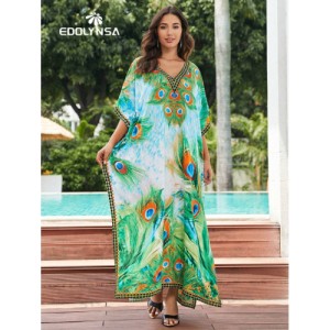 SHEIN Tie Dye Split Hem Cover-Up House V-Neck Kaftan Dress Vacation