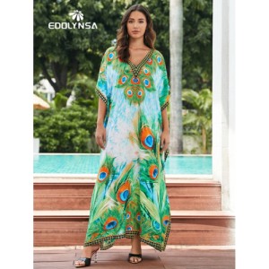 SHEIN Tie Dye Split Hem Cover-Up House V-Neck Kaftan Dress Vacation