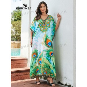 SHEIN Tie Dye Split Hem Cover-Up House V-Neck Kaftan Dress Vacation