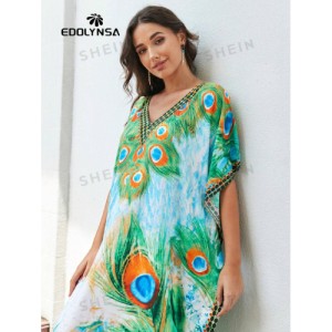 SHEIN Tie Dye Split Hem Cover-Up House V-Neck Kaftan Dress Vacation