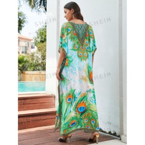 SHEIN Tie Dye Split Hem Cover-Up House V-Neck Kaftan Dress Vacation