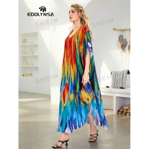 SHEIN Tie Dye Split Hem Cover-Up House V-Neck Kaftan Dress Vacation