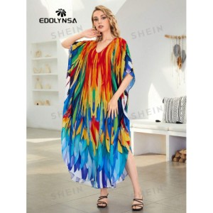 SHEIN Tie Dye Split Hem Cover-Up House V-Neck Kaftan Dress Vacation