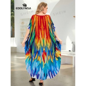 SHEIN Tie Dye Split Hem Cover-Up House V-Neck Kaftan Dress Vacation