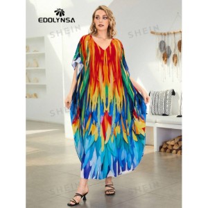 SHEIN Tie Dye Split Hem Cover-Up House V-Neck Kaftan Dress Vacation