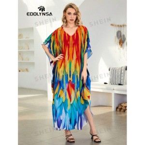 SHEIN Tie Dye Split Hem Cover-Up House V-Neck Kaftan Dress Vacation