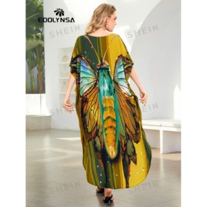 SHEIN Tie Dye Split Hem Cover-Up House V-Neck Kaftan Dress Vacation