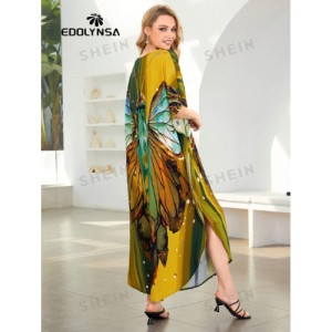 SHEIN Tie Dye Split Hem Cover-Up House V-Neck Kaftan Dress Vacation