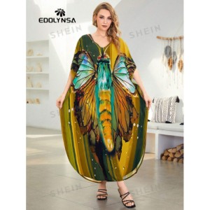 SHEIN Tie Dye Split Hem Cover-Up House V-Neck Kaftan Dress Vacation