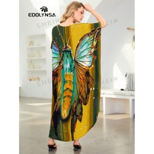 SHEIN Tie Dye Split Hem Cover-Up House V-Neck Kaftan Dress Vacation