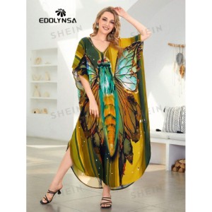 SHEIN Tie Dye Split Hem Cover-Up House V-Neck Kaftan Dress Vacation