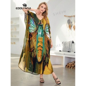 SHEIN Tie Dye Split Hem Cover-Up House V-Neck Kaftan Dress Vacation