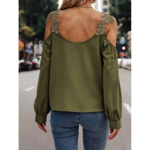 SHEIN LUNE Embroidery Patch Hollow Out Shoulder Women'S Long Sleeve Blouse