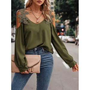 SHEIN LUNE Embroidery Patch Hollow Out Shoulder Women'S Long Sleeve Blouse