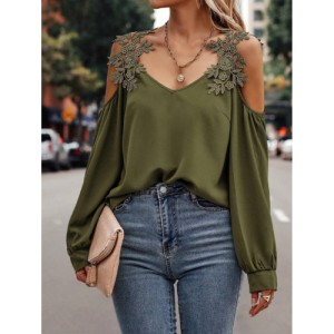 SHEIN LUNE Embroidery Patch Hollow Out Shoulder Women'S Long Sleeve Blouse