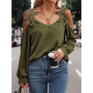 SHEIN LUNE Embroidery Patch Hollow Out Shoulder Women'S Long Sleeve Blouse