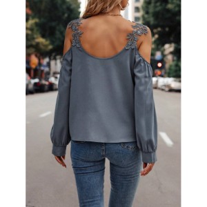 SHEIN LUNE Embroidery Patch Hollow Out Shoulder Women'S Long Sleeve Blouse