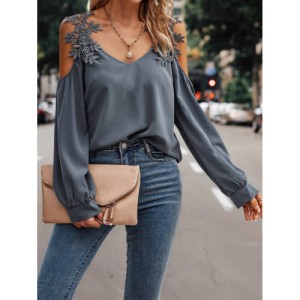 SHEIN LUNE Embroidery Patch Hollow Out Shoulder Women'S Long Sleeve Blouse