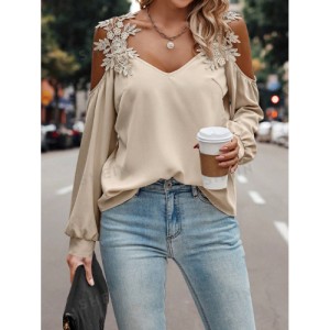 SHEIN LUNE Embroidery Patch Hollow Out Shoulder Women'S Long Sleeve Blouse