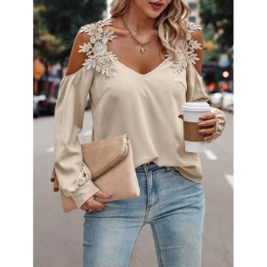 SHEIN LUNE Embroidery Patch Hollow Out Shoulder Women'S Long Sleeve Blouse