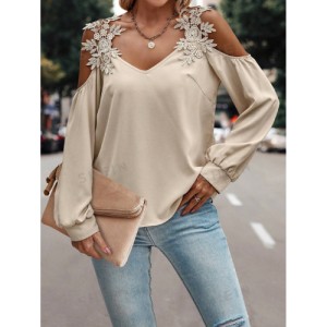 SHEIN LUNE Embroidery Patch Hollow Out Shoulder Women'S Long Sleeve Blouse