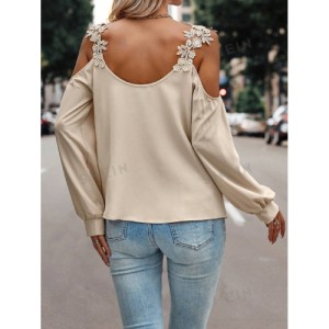 SHEIN LUNE Embroidery Patch Hollow Out Shoulder Women'S Long Sleeve Blouse