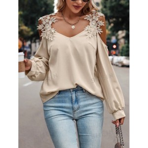 SHEIN LUNE Embroidery Patch Hollow Out Shoulder Women'S Long Sleeve Blouse