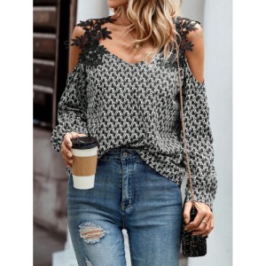 SHEIN LUNE Embroidery Patch Hollow Out Shoulder Women'S Long Sleeve Blouse