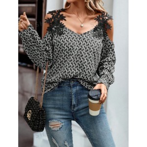 SHEIN LUNE Embroidery Patch Hollow Out Shoulder Women'S Long Sleeve Blouse