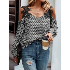 SHEIN LUNE Embroidery Patch Hollow Out Shoulder Women'S Long Sleeve Blouse